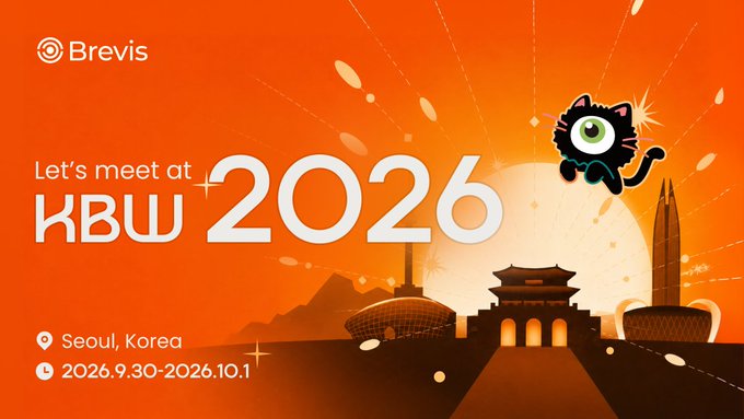 Brevis promotional banner for 'KBW 2026' conference in Seoul, Korea on 2026.9.30-2026.10.1, featuring a black cat mascot and Seoul landmarks.
