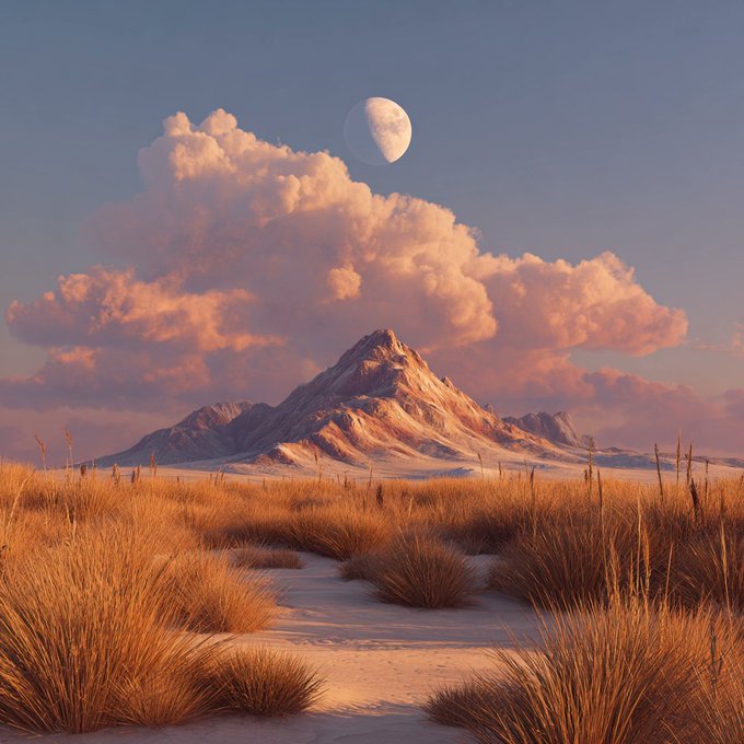 A scenic landscape featuring a mountain beneath large pink-tinged clouds, with a visible half moon overhead and golden grasses in the foreground.