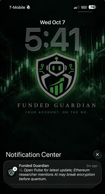 A smartphone lock screen showing 5:41 on Wed Oct 7, with a notification from 'Funded Guardian' reading 'Open Pulse for latest update: Ethereum researcher mentions AI may break encryption before quantum.'