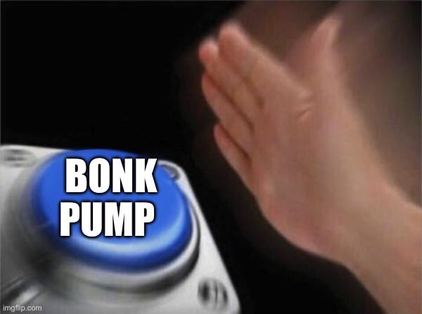 The image features a hand clapping, with the word "BONK" written above it. Below the hand, there's a blue button that says "BONK PUMP", which seems to be related to the action of clapping or cheering. The background is black and out of focus, making the hand and the button stand out prominently in the image.