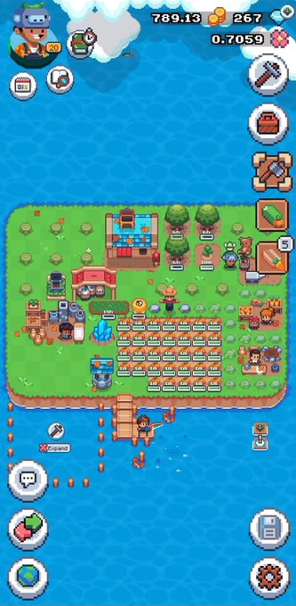 A screenshot of a pixel-art mobile farming or crafting game with a small island base, resource counters (789.13, 267), and various tool icons.
