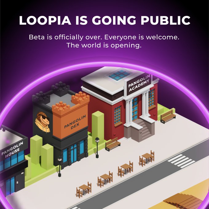 The image shows a vibrant, isometric 3D illustration of the "Pangolin" district featuring labeled buildings including "Pangolin Academy," "Pangolin DEX," and "Pangolin House," beneath the announcement "LOOPIA IS GOING PUBLIC — Beta is officially over. Everyone is welcome. The world is opening." It visually represents the post's message of expanding access to the Loopia virtual world and inviting users to explore its newly opened Pangolin district.