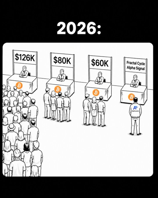 A 2026 cartoon showing crowds lining up at Bitcoin booths labeled "$126K," "$80K," and "$60K," with progressively smaller lines, while a lone individual wearing a "Fractal Cycle Alpha Signal" shirt stands at the last booth.

The image visualizes the post's message about market psychology by depicting how investor enthusiasm diminishes as prices drop, while the data-driven analyst recognizes opportunity where the crowd has thinned out—embodying the contrast between emotional crowd behavior and signal-based investing.