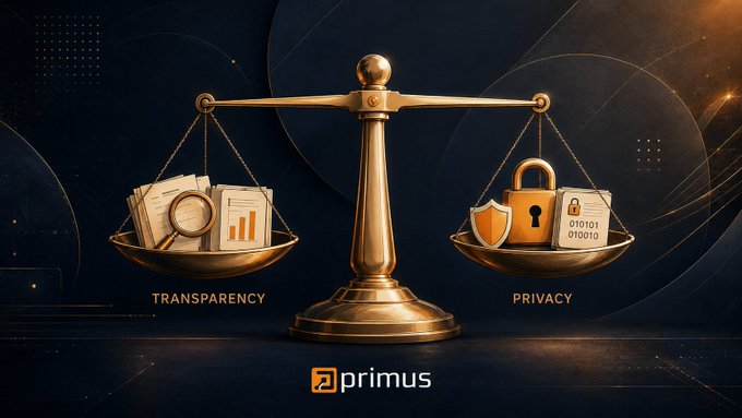A golden balance scale displays "TRANSPARENCY" on the left (with documents and a magnifying glass) and "PRIVACY" on the right (with a padlock, shield, and ID card showing "010101 / 010010"), with the "primus" logo at the bottom—visually representing the post's theme of balancing verifiable transparency with user privacy through technologies like zkTLS and FHE.