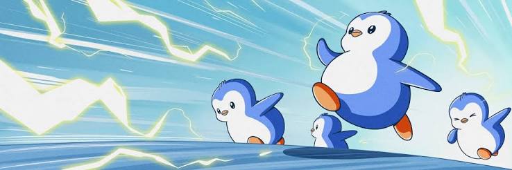 A digital illustration of four penguin characters running energetically with lightning bolts in the background.
