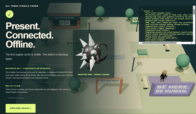 A screenshot from the video game 'Lies of P' Overture DLC showing a 'Supply Cache' chapter screen with a spiked bag-head mask, a checklist of 15 items found, and text reading 'Present. Connected. Offline.' and 'BE HERE. BE HUMAN.'