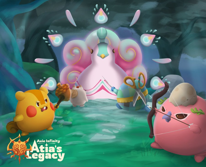 A colorful digital illustration from Axie Infinity's "Atia's Legacy" expansion showcases whimsical axie characters—a determined yellow axie wielding a torch, an egg-themed axie with scissors, and a bow-wielding axie—facing off against a large, glowing, ghost-like pink and white creature with floating orbs. The "Axie Infinity Atia's Legacy" logo appears in the bottom-left corner, capturing the playful, battle-ready aesthetic highlighted in the art spotlight.