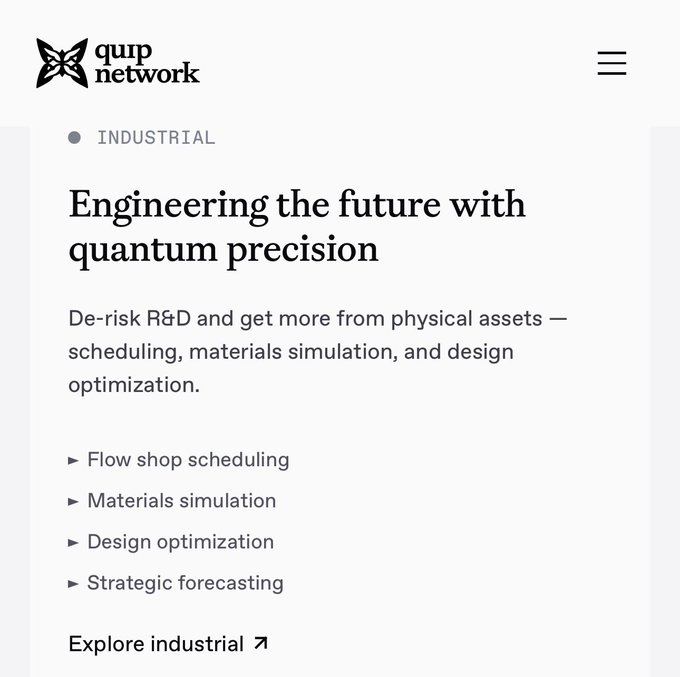 The image shows a website called quipnetwork.com that has an article about using Quantum technology for industrial purposes. The text on the page explains how Quantum can be used to create real value in various industries such as finance, where it can help forecast volatility and optimize portfolio management. This information is relevant to the post because it highlights the potential applications of Quantum technology in different sectors.