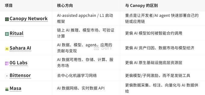 A Chinese-language comparison table contrasting **Canopy Network** with five other AI-related crypto projects: **Ritual**, **Sahara AI**, **0G Labs**, **Bittensor**, and **Masa**. The table lists each project's core focus (e.g., AI-assisted appchain, on-chain AI inference, decentralized ML, AI data networks) and how they differ from Canopy. 

The image relates to the post by serving as research material the user is studying as they shift focus back to "airdrop farming" after losing 10 SOL, exploring emerging AI-crypto narratives amid a cooling L2/L1 market.