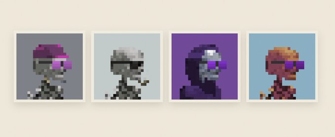 Four pixel-art portraits of skeletons wearing different colored headwear and sunglasses, presented as framed images.