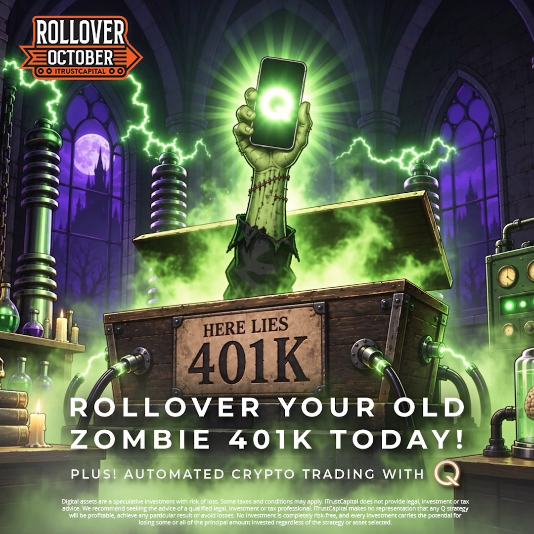 A Halloween-themed advertisement for iTrustCapital reads 'ROLLOVER OCTOBER' and 'ROLLOVER YOUR OLD ZOMBIE 401K TODAY!' featuring a Frankenstein-style hand holding a phone emerging from a coffin labeled 'HERE LIES 401K'.