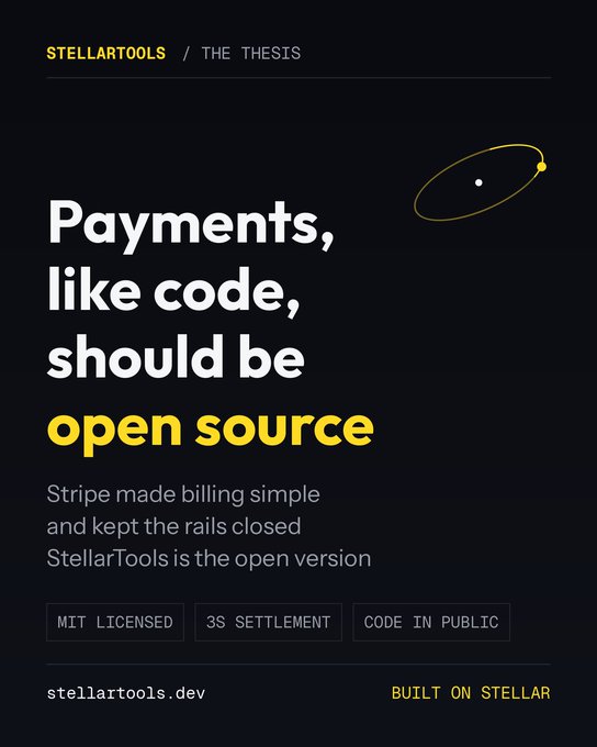 An advertisement for StellarTools stating 'Payments, like code, should be open source,' noting it's MIT licensed, supports 3S settlement, and is built on Stellar.