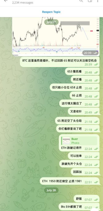 A Telegram chat screenshot discussing Bitcoin and Ethereum trading, featuring a price chart from July 27, messages in Chinese, and a photo labeled 'Buer' with 'Phong' and 'ETH 跌破记得开' visible.