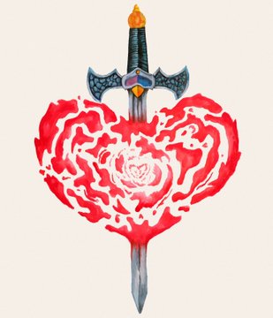 A watercolor painting of an ornate sword with a dark hilt piercing vertically through a vibrant red heart shape.