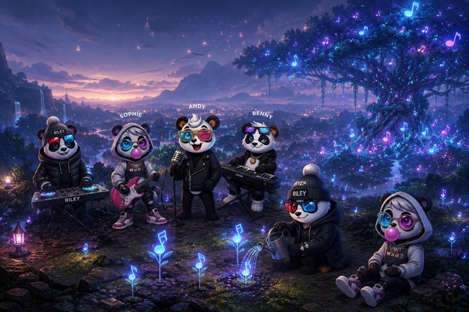 An anthropomorphic panda band named with members Riley, Sophie, Andy, and Benny performs in a magical twilight landscape with glowing flowers and a sprawling valley below.