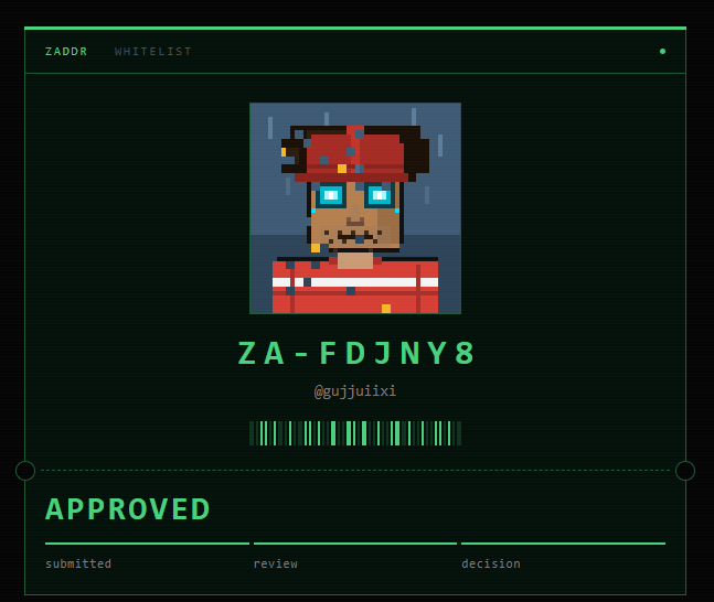 A digital approval screen with a green terminal-style interface showing a pixel art avatar, the code 'ZA-FDJNY8', username '@gujjuixi', a barcode, and 'APPROVED' status.