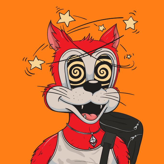 A cartoon illustration of a dizzy red and white fox or cat character with swirl eyes and stars circling its head, wearing a tank top and backpack against an orange background.
