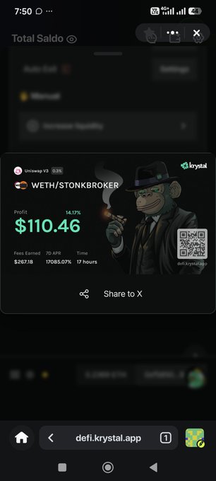 A mobile screenshot from defi.krystal.app showing a WETH/STONK broker position with a profit of $110.46, 14.17% gain, $267.18 fees earned, over 17 hours, featuring a cartoon monkey illustration.