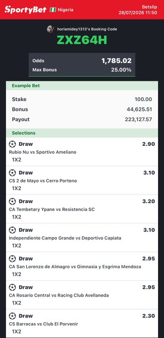 A SportyBet Nigeria booking slip displays booking code "ZXZ64H" dated 28/07/2026, featuring seven "Draw" selections (1X2) including matches like Rubio Nu vs Sportivo Ameliano and CS 2 de Mayo vs Cerro Porteno, with combined odds of 1,785.02 and a 25.00% max bonus. The slip shows a stake of 100.00 yielding a payout of 223,127.57, corresponding to the post's "7/7 FTX" claim of seven winning selections.
