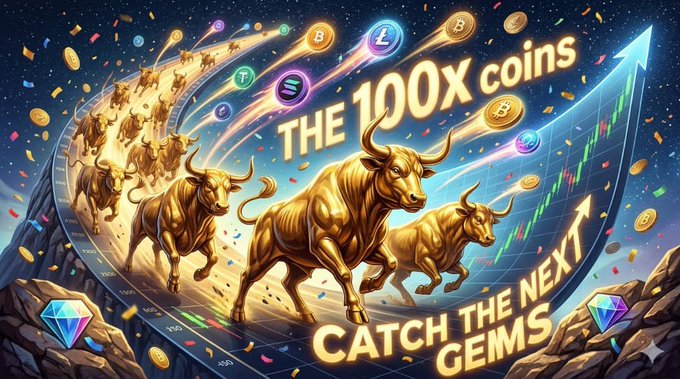 A vibrant digital illustration showing golden bulls charging forward with the text 'THE 100X coins' and 'CATCH THE NEXT GEMS' alongside various cryptocurrency logos.
