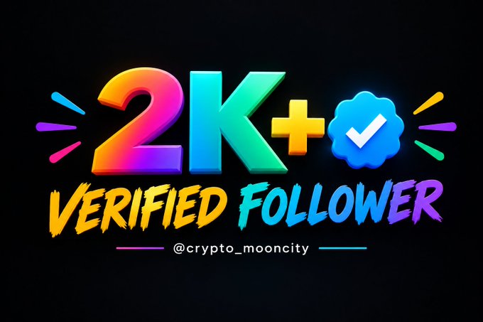 A colorful graphic reading '2K+ VERIFIED FOLLOWER @crypto_mooncity' on a black background with vibrant rainbow text and a verification badge.