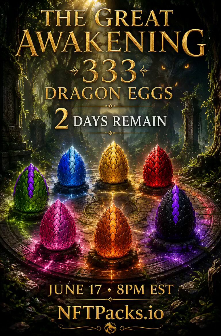 The image features a poster for "The Great Awakening" movie, which has a dragon egg as its central theme. The poster displays the movie's title and release date, along with the phrase "2 DAYS UNTIL THE GREAT AWAKENING! Watch as the 333 Dragon Eggs pulse with ancient power... The vault opens Wednesday, June 17th at 8PM EST on KSTO Spaces." This suggests that the movie is available for streaming or purchase two days before its release date.