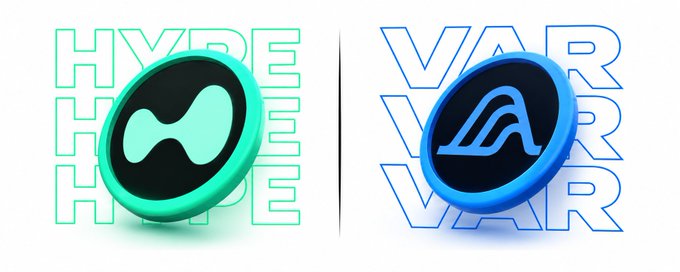 Two cryptocurrency token logos side by side: a teal HYPRE coin and a blue VAR coin.
