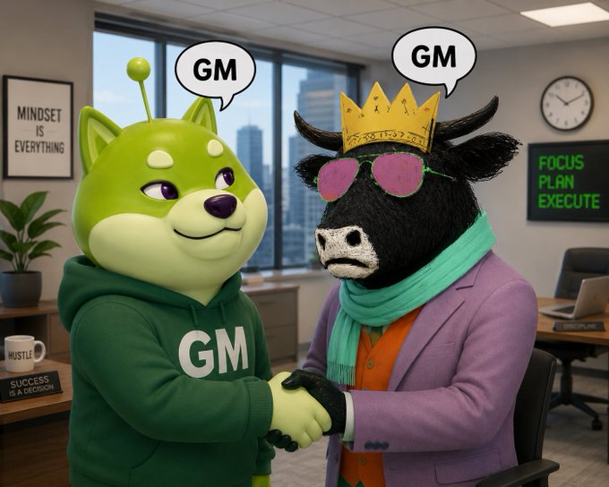 The image features two cartoon cow characters, one wearing a green hoodie with "G" written on it and the other wearing a purple suit with "GM" written on it. They are shaking hands over a desk, which has a computer monitor and keyboard visible in front of them. The background includes a window overlooking a cityscape, suggesting that they might be in an office setting or a workspace within an office building.
