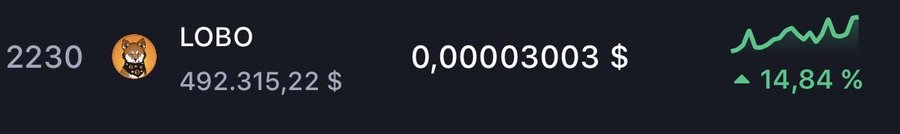 A cryptocurrency tracking display shows token "LOBO" (Lobo the Wolf Pup) with a price of $0.000003003, marking a 14.84% gain, market cap of $492,315.22, and 2230 holders—visually reinforcing the post's bullish rallying cry to "trust the process" with green upward trend lines.