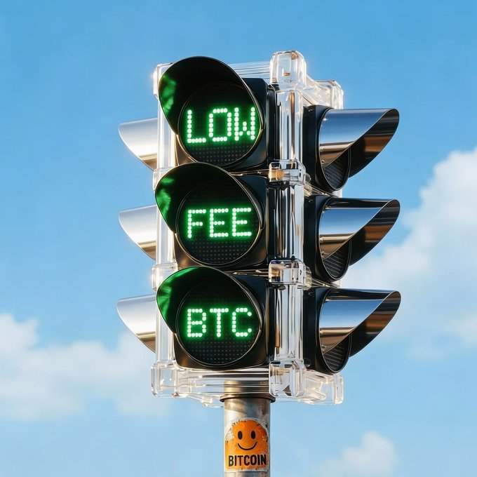 A stylized image of a traffic light with green LED signs displaying 'LOW', 'FEE', and 'BTC' against a blue sky, with a 'BITCOIN' sticker on the pole below.