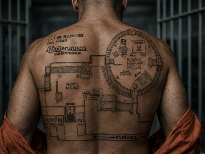 A man's bare back displays an elaborate tattoo of a prison floor plan featuring sections like "GARDEN/CHILL-OUT," "SECURITY," "WORKSHOPS," and "ENTRANCE," along with branding for the "NØderunners CONFERENCE" and "KOEPEELGEVANGENIS ARNHEM." The tattoo visually echoes the post's message about escaping the "panopticon prison," symbolizing how the Bitcoin conference venue in Arnhem's former prison serves as a path to freedom.
