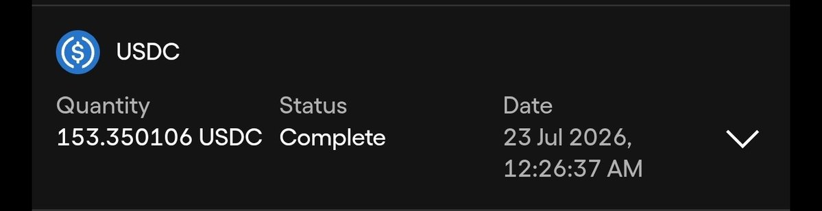 USDC rewards for week 7 are complete, with received quantity of 153.350106 USDC. This image complements the post by visually confirming the deposited USDC rewards.