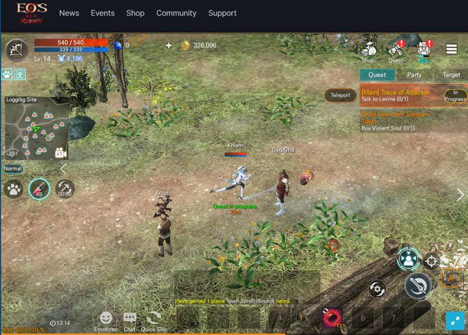 Screenshot of the EOS Red Velvet MMORPG game showing a level 14 character named Killem engaged in a quest called '[Main] Trace of Atacker' at Logging Site with 326,096 gold.