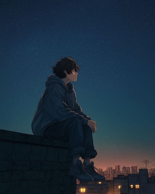 An anime-style illustration of a young person with dark hair wearing a hoodie, sitting on a rooftop ledge at night, gazing out at a starry sky above a glowing city skyline.