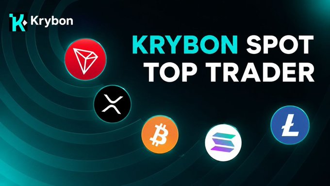 A promotional graphic for 'Krybon Spot Top Trader' featuring the Krybon logo and cryptocurrency icons including TRON, XRP, Bitcoin, Solana, and Litecoin.