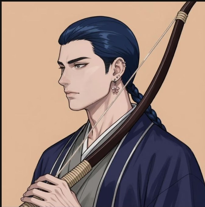 An anime-style illustration of a young man with dark blue braided hair and an earring, wearing traditional Japanese attire and carrying a bow over his shoulder.