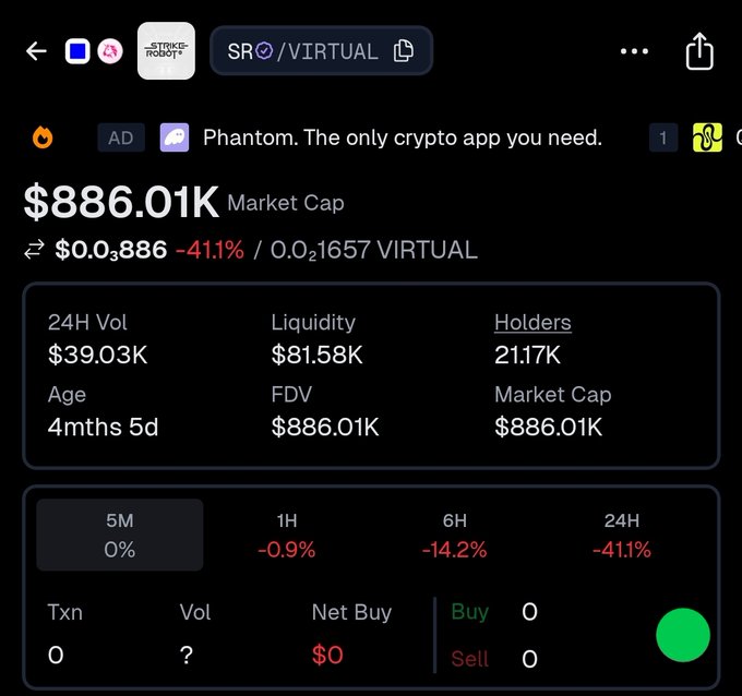 A mobile screenshot of a crypto tracker app showing the token SRO/VIRTUAL with a market cap of $886.01K and a significant 24-hour price drop of -41.1%.