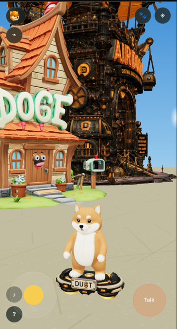A screenshot from a virtual world game featuring a cartoon Shiba Inu dog labeled 'DUST' standing on a hoverboard in front of a 'DOGE' themed house and an 'AIRDROP' building.