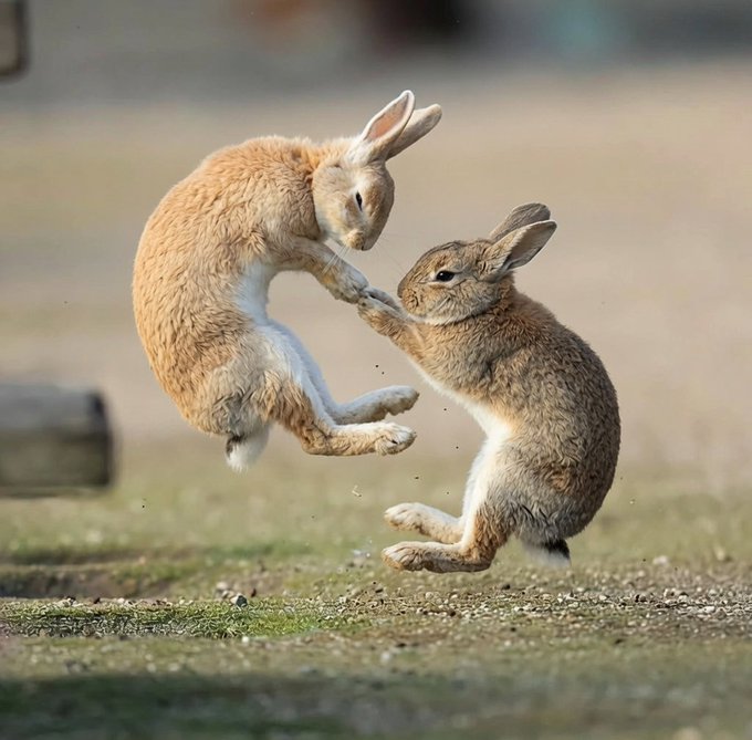 Two brown hares appearing to box or wrestle mid-air on a dirt path, capturing a dynamic moment of animal interaction in nature.