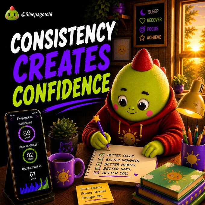 Sleepagotchi promotional image featuring a green character writing in a notebook with the headline 'Consistency Creates Confidence,' alongside a smartphone displaying sleep tracking stats.