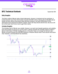 A BTC Technical Outlook chart from September 5th analyzing Bitcoin's price action, showing an indecisive daily close with annotated support levels around $75,000, a 50-day MA at $113,949, and a low of $108,700, visually supporting the post's forecast of potential further downside toward $75K absent a bullish reversal.