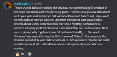 An image showing a Discord AMA transcript where Pyth Network's 1.5-hour session is contrasted with Chainlink's AMA, which allegedly ignored high-voted community questions in favor of softball questions, captioned "AMSBIMNA = Ask Me Something But I Might Not Answer."