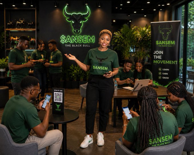 A woman in a green "$ANSEM" t-shirt stands presenting in front of a bull logo backdrop, surrounded by a team of people in matching shirts scanning QR codes and working on laptops, with banners reading "JOIN THE MOVEMENT" and "LEARN • EARN • GROW" reinforcing the community-driven message of onboarding new value-adding members to the $ANSEM ecosystem.