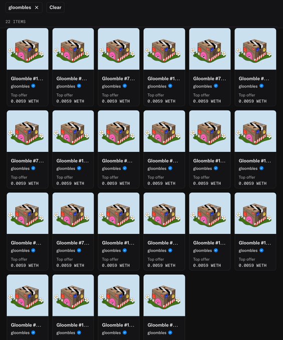 A dark-themed NFT marketplace displays 22 "Gloombles" NFTs, each identical pixel-art treasure chests priced identically at 0.0059 WETH as top offers, reflecting the early listing and anticipation stage of the project mentioned in the accompanying post.