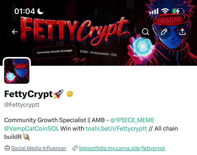 Twitter/X profile for FettyCrypt (@Fettycryp) featuring anime-style branding with 'WAGMI' on the cap, listing roles as Community Growth Strategist, Shiller, Ambassador, and KOL, with references to @1PIECE_MEME and @VampCatCoinSOL.