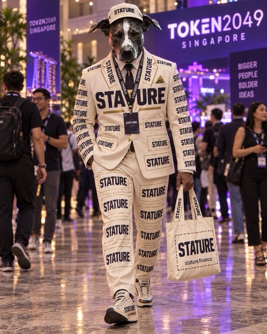 A person in a white 'STATURE' branded suit with a dog head walking through the TOKEN2049 Singapore conference, carrying a matching tote bag.