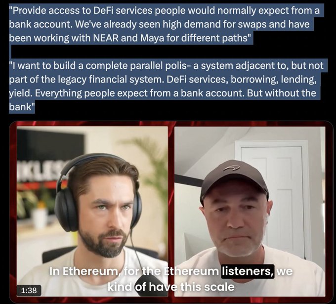 The image shows two men wearing headphones, one of whom has a microphone attached to his ear. They are both sitting next to each other with their eyes focused on something off-camera. The text in the image reads "In Ethereum for the etherium listeners, we kind of have this scale." This suggests that they might be discussing or comparing different aspects of Ethereum technology and its impact on DeFi services.