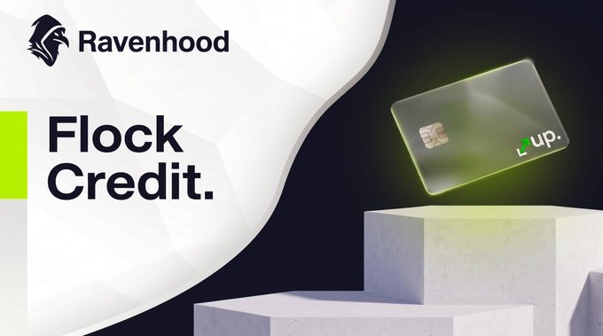 Advertisement for 'Ravenhood Flock Credit' featuring a dark metal credit card with green accents and a 'uup.' logo displayed on a white pedestal.