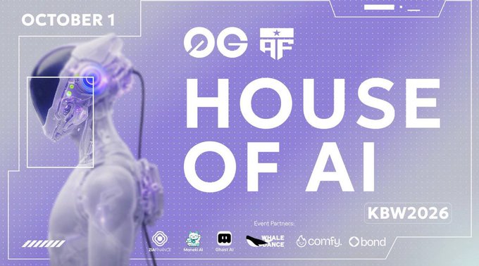 A purple-themed event banner for 'HOUSE OF AI' dated 'OCTOBER 1' and labeled 'KBW2026', featuring a robotic figure on the left and event partners including MistNetAI, Ghost AI, Whale Finance, comfly, and bond at the bottom.