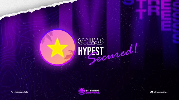 A purple-themed promotional graphic for a collaboration, featuring a pink and yellow circle logo and the text 'COLLAB HYPEST Scoured!' along with branding for 'STRESS CAPITAL' and 'stresscapitals'.